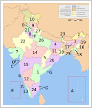 Administrative divisions of India, including 28 states and 7 union territories.